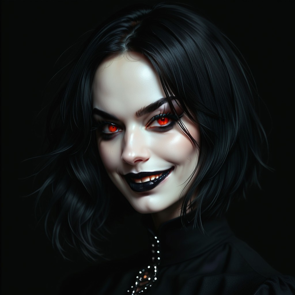 portrait of girl, purple and black hair, bob haircut, black background, black lipstick, vampire girl, dark makeup, long eyelashes, high contrast, vibrant color palette, red eyes, black clothes, detailed face, sharp details, realistic digital painting, evil grin