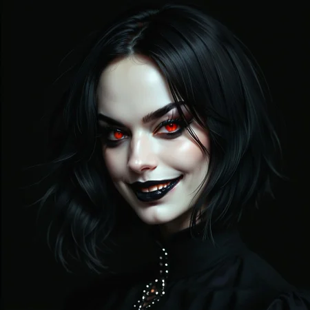 portrait of girl, purple and black hair, bob haircut, black background, black lipstick, vampire girl, dark makeup, long eyelashes, high contrast, vibrant color palette, red eyes, black clothes, detailed face, sharp details, realistic digital painting, evil grin