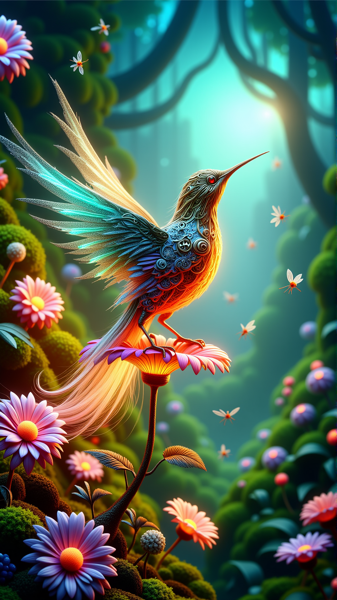 ElementMix Made from fire element: Fire A delicate mechanical bird with intricately etched brass feathers and a slender copper beak perches on a glowing, iridescent flower petal in a vibrant digital garden, its body a mesmerizing latticework of interlocking gears, wires, and tiny, shimmering opals that refract and reflect the soft, pulsing light of the garden's ethereal flora, as it sings a melodious, whirring song, its voice like the gentle hum of a music box, accompanied by the soft, chirping trills of tiny, pixelated insects flitting about the garden's lush, neon-green foliage, amidst a backdrop of undulating, rainbow-hued waves that evoke the shimmering surface of a digital ocean, with delicate, swirling patterns of light that evoke the beauty of a stained glass window, all set against a brilliant, electric blue sky with a few puffy, white clouds that resemble cotton candy.
<lora:ElementMixFlux:0.9>