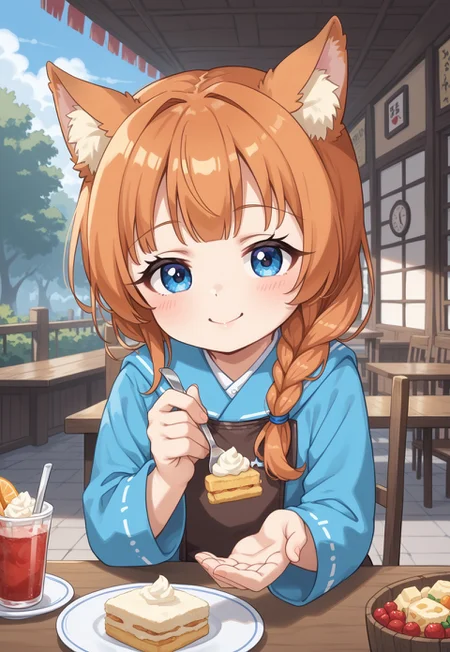 score_9,score_8_up,score_7_up,source_anime ,absurdres,detailxl,zPDXL3,
(Masterpiece:1.3),(best quality:1.2),high resolution,high quality,detailed,cute details,
cowboy shot,sitting,
fantasy,
fox girl,elaborate cute innerwear,elaborate cute blue outerwear,
detailed fluffy ears,fluffy tail fur,detailed face and eyes,
,blue eyes, orange fur, orange hair, (covered brests:1.5), smug expression, :3,
outdoors,restaurant,table,chair,
<lora:ColorRoughSlider:-0.1>,
<lora:zy_Detailed_Backgrounds_v1:0.6>,
<lora:feeding_Pony_v1:1>,feeding,long hair,red hair,braided ponytail,on stomach, basukechi_style