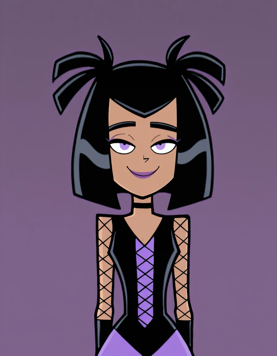 <lora:SamMasonIllustrious1.0JLFO:1> samm, black hair, 1girl, purple eyes,  solo, crop top,  lipstick, purple lips,purple dress, choker, bangs, looking at viewer,smile,fishnets,    masterpiece, best quality, amazing quality, very aesthetic, absurdres,simple background,