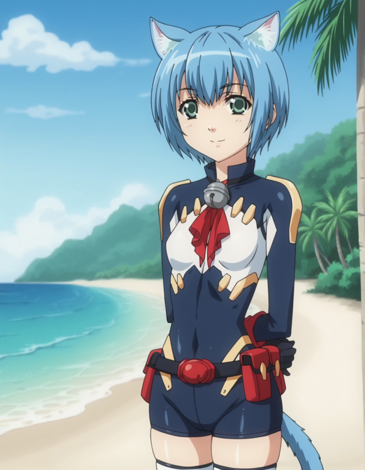 1girl, anime screencap, <lora:VexVexX_Melwin_PONYXL:1>, Melwin, short hair, blue hair, green eyes, animal ears, cat ears, cat tail, small breasts, deep skin, skindentation, seductive smile, detailed skin, glossy skin, bodysuit, bell, thighhighs, belt, gloves, cowboy shot, from front, standing, hands behind back, legs together, thighs together, looking at viewer, outside, beach, ocean, palm trees,