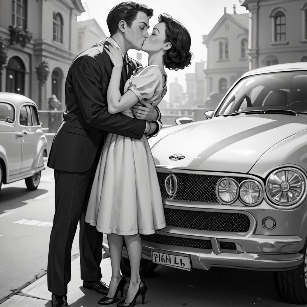 score_9, score_8_up, score_7_up, score_6_up, source_anime, full body, hud_40s_lv, monochrome, greyscale, 1girl, 1boy, hug, kiss, suit, dress, high heels, car,  simple background, film grain, cinematic, <lora:40sromance-000007:0.8>,