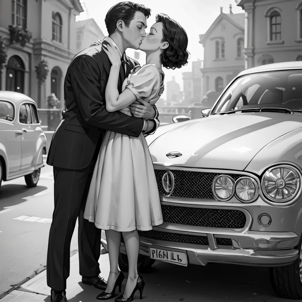 score_9, score_8_up, score_7_up, score_6_up, source_anime, full body, hud_40s_lv, monochrome, greyscale, 1girl, 1boy, hug, kiss, suit, dress, high heels, car, simple background, film grain, cinematic, <lora:40sromance-000007:0.8>,
