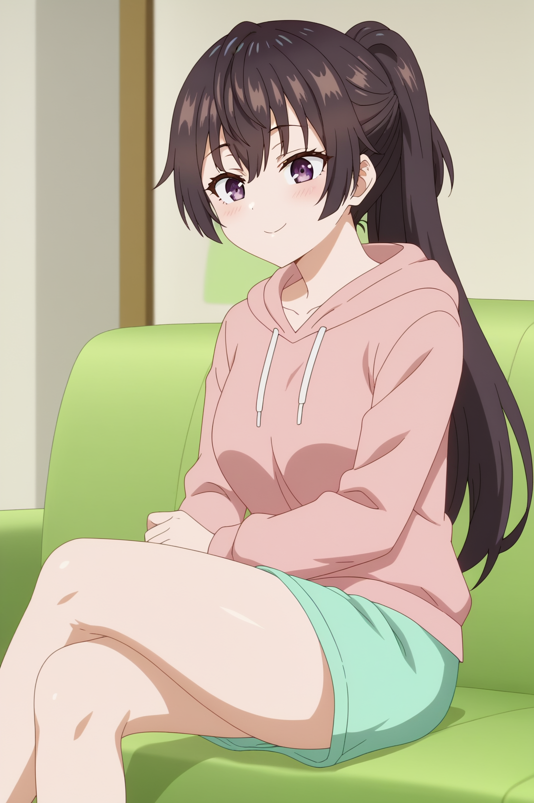 Yuki suou,anime screencap,1girl,solo,mature,long hair,purple eyes,ponytail,indoors,green sofa,pink hoodie, white short,legs crossed,sitting,barefood,smile <lora:Yuki_Suou - PDXL2.safetensors:0.8>