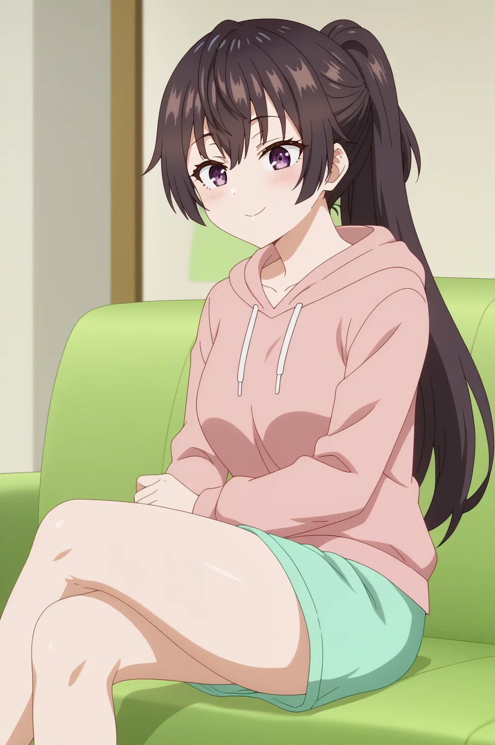 Yuki suou,anime screencap,1girl,solo,mature,long hair,purple eyes,ponytail,indoors,green sofa,pink hoodie, white short,legs crossed,sitting,barefood,smile <lora:Yuki_Suou - PDXL2.safetensors:0.8>