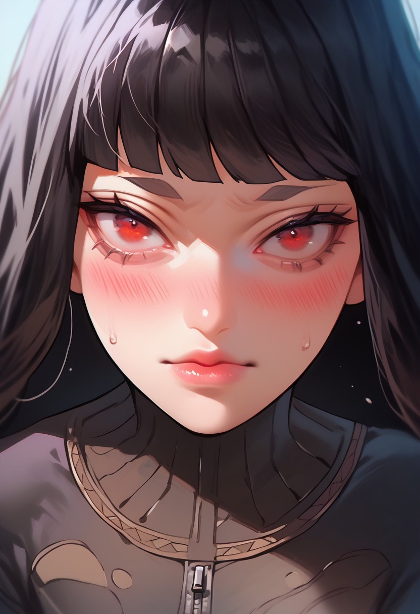 score_9, score_8_up, score_7_up, y0tt4, 1girl, solo,  
tokismtiva, long hair, black hair, blunt bangs, red eyes, bodysuit, blush, in pleasure