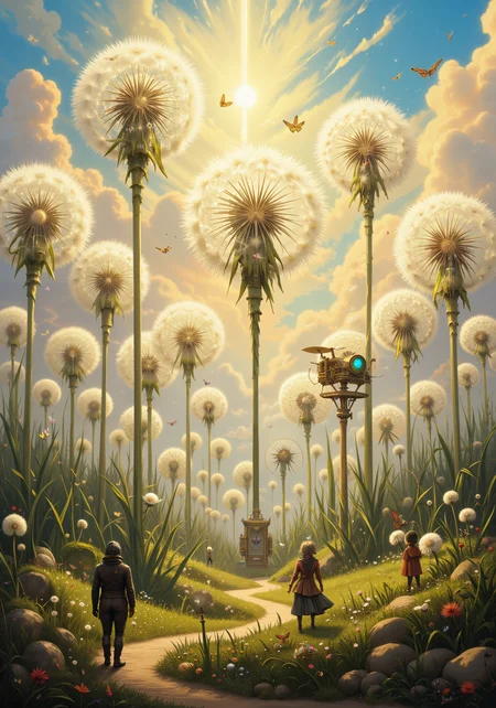 Colossal crystalline dandelions tower over a miniature steampunk village, their translucent seed heads shimmering like geodesic domes in the golden afternoon light. Tiny brass airships navigate between the enormous stems, their propellers whirring. Diminutive explorers in Victorian attire scale the dandelion stalks using ornate grappling hooks and clockwork climbing gear. The surrounding landscape is a patchwork of iridescent grass blades and shimmering dewdrops, each blade as tall as a redwood tree. Mechanical butterflies with stained-glass wings flit between the dandelions, carrying messages and parcels. In the distance, a massive magnifying glass focusses sunlight, powering an intricate network of copper pipes and gears that wind through the village. The sky is a swirl of pastel hues, dotted with cotton candy clouds and streaked with rays of luminescent pollen. Hyperdetailed, 8k resolution, surrealist painting style, intricate, whimsical, fantastical garden. <lora:bm-goth_epoch_1:0.8> <lora:NeonFantasyPrimeFLUX-000049:0.4> <lora:flux_dev:1>