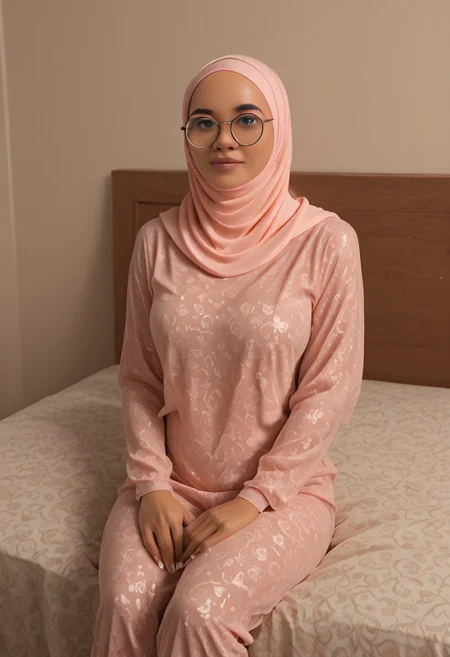 <lora:Mala2:1> 1girl, coll-malas, solo,hijab, round glasses, sitting on a comfy bed