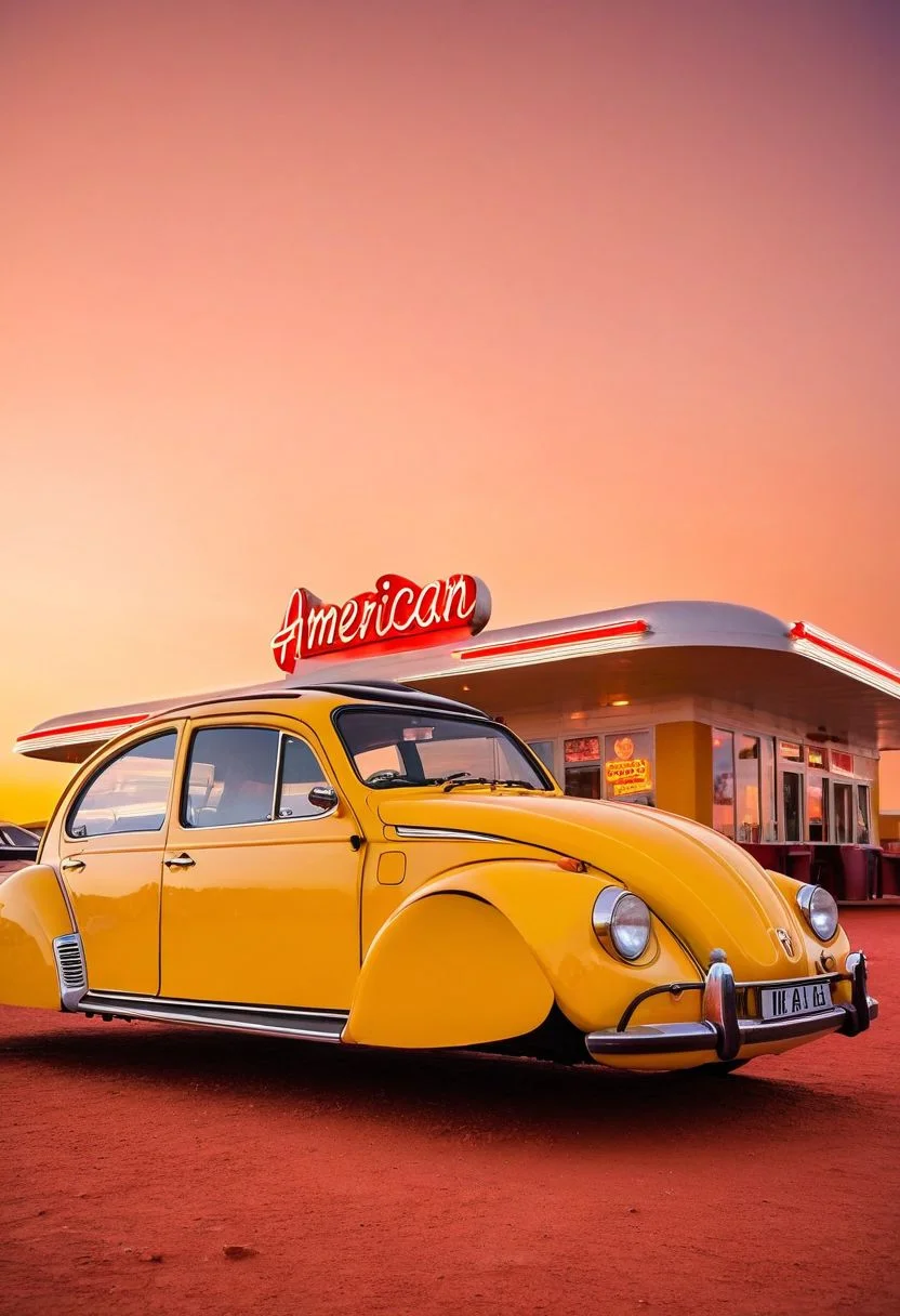 (low angle shot:1.4), an editorial photo of a yellow (VW Beetle:0.8) and (Citroen 2CV:0.8) style Hovering_Car parked outside an American diner on Mars, (scene set on the planet Mars:1.2), red sky, red sands of Mars, highly detailed, retro futurism, science fiction, clean lines, fine art photography, award winning photography, film grain,