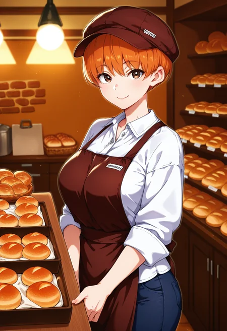 masterpiece, best quality, amazing quality, 1girl, solo, cowboy shot, tsumugiww, brown eyes, orange hair, short hair, very short hair, large breasts, hat, white collared shirt, apron, pants, looking at viewer, smile, indoors, bakery, skindentation, detailed clothing folds, depth of field, sharp, high contrast, dynamic light <lora:Tsumugi_Happily_ever_after_ill:0.9>