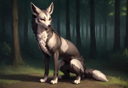 score_9, score_8_up, score_7_up, ultra hi res, by reallynxgirl, uploaded on e621, rating_safe, safe content, 3d, ((feral)), feral wolf, female, solo, mightyena, bedroom, sitting, forest, detailed background