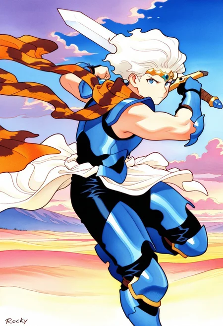 masterpiece, best quality, amazing quality, very aesthetic, absurdres, newest, ceodorff4tay, 1boy, short white hair, sleeveless, circlet, patterned scarf, spiked pauldrons, blue armor, blue vambraces, white loncloth, (blue thighhigh greaves:1.1), black pants, holding sword, action pose, looking at viewer, toned male, mature male, rocky cliffside, clouds, watercolor (medium)