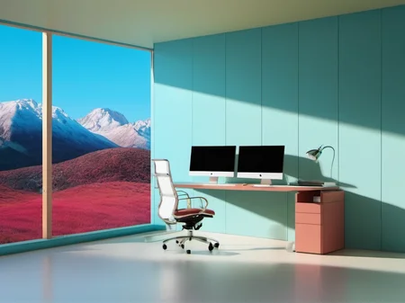 <lora:FictionInterior:0.7>, Interior, sky, mountains, wide view, Meranti color scheme, PVC_material walls, high dynamic range, sunshine shadows, scenery, desk,