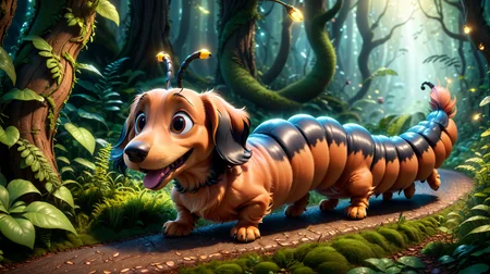 A masterful still of a 3d cartoon, an adorable very long and excited dachshund caterpillar hybrid inching its way along a magical forest path, uhd, 8k, intense lighting, award winning masterpiece, extremely detailed, detailed background, cinematic, complex and multidimensional lighting,  <lora:xl_more_art-full_v1:0.6>,