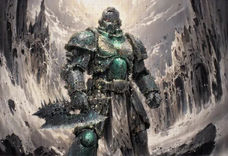 A terrifying Chaos Space Marine in full, corrupted battle armor, a towering figure of horror standing proudly amidst the ruins of a war-torn battlefield. His armor, a blasphemous union of ancient, pitted metal and grotesque organic growths, pulsates with a sickly green aura, the very essence of the Warp coursing through it. The once gleaming plates of his power armor are now a twisted tapestry of unholy runes, etched with the foul knowledge of the Dark Gods. The crimson blood that seeps from the armor's cracks and joints glows eerily, a grim testament to the unspeakable rituals that have bound him to his unearthly patron. His gauntlets end in claw-like fists adorned with jagged spikes, while chains hang menacingly from his shoulders, each link a symbol of the endless torment and loyalty to his chaotic cause. In his powerful grip, he wields a colossal power axe, its barbed head crackling with malevolent red lightning, a weapon born of the very fabric of the Eye of Terror. The backdrop is a tableau of hellish grandeur. The only constant in this tumult is the piercing gaze of the Marine's eyes, burning with a feral, unnatural green light that seems to cut through the gloom, a silent promise of doom for any who dare oppose him. The entire scene is rendered in stunning 8K resolution, with hyper-detailed textures bringing the grotesque beauty of the corrupted armor and the desolate grandeur of the battlefield to life in a way that is both visceral and hauntingly realistic.