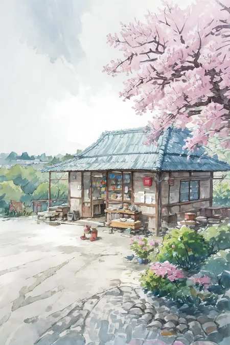 (illustration:1.1),(best quality),(masterpiece:1.1), (colorful:0.9),(panorama shot:1.4),(ink splashing),(color splashing), store,no humans,(flowers,woods),outdoors,rocks, city,road,cherry blossoms, cityscape,