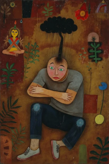 paulklee1 painting.
chenu1.
A geometric figure sitting on the ground, hugging his knees, with a melancholy expression. Above his head is a small, dark rain cloud pouring rain solely on him, symbolizing personal struggle or sadness. He is wearing casual clothing, including a gray t-shirt, jeans, and worn sneakers. The background features an ornate, colorful mural depicting traditional or spiritual motifs, contrasting with the character's isolation and mood. The overall style is hyper-realistic with intricate textures, blending realism with metaphorical elements, and the atmosphere is somber yet deeply introspective
<lora:paulklee1_cap_d8a4e6:1.0><lora:839156208133846350:0>