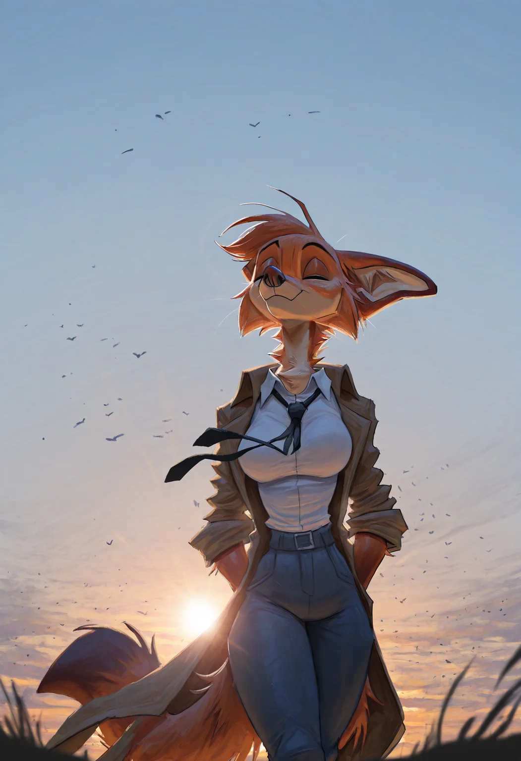 mulerarts, semi-realistic anime, soft colors palette, soft shading, smooth gradients,furry female, solo, nick wilde, breasts, brown coat, white shirt, black tie, wind, short hair,closed eyes, solo,in the summer sky, solo , walking, flying birds in the foreground, (masterpiece), best quality, newest, highres