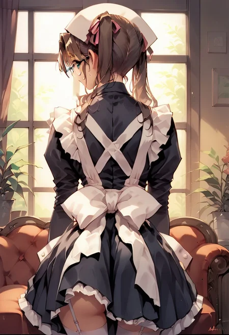 score_9, score_8_up, score_7_up, source_anime, HARUKAWA TOMOMI (MOONLIGHT LADY), HARUKAWA TOMOMI MAID OUTFIT, glasses, from behind, look back, ass