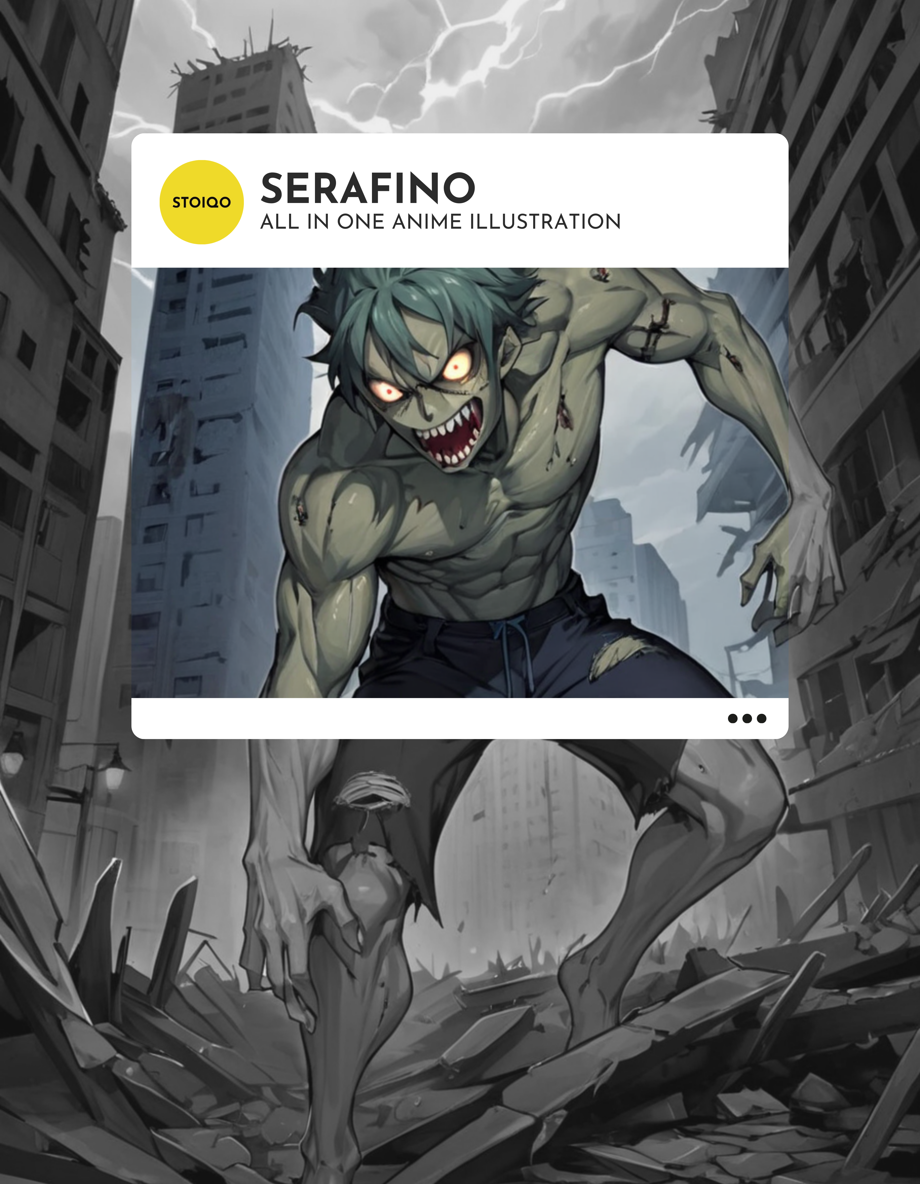 Anime-style illustration of a grotesque zombie monster, (decaying flesh:1.2, exposed muscles:1.1, glowing eyes:1.3, sharp teeth:1.1), lurching forward, (torn clothing:1.1, ragged hair:1.1), in a desolate cityscape, (buildings in ruins:1.1, dark stormy sky:1.2), with a sense of motion and tension, (bold lines:1.1, heavy shading:1.1), using a limited color palette of greens, grays, and blues.
