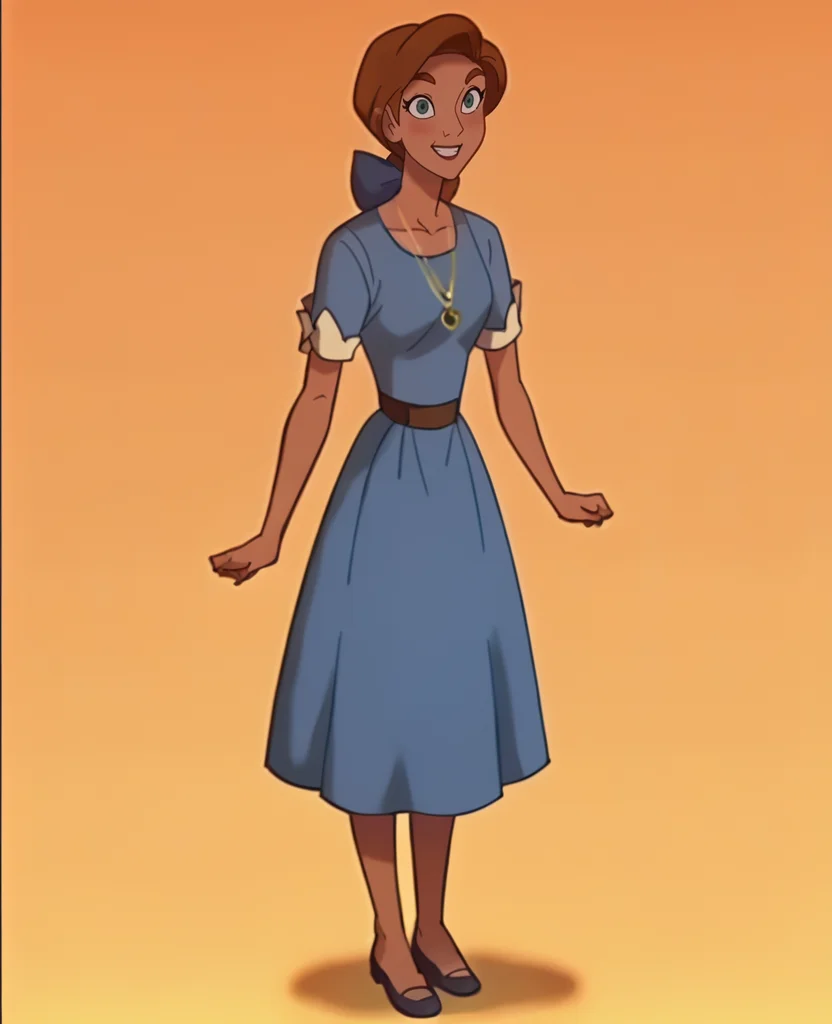 score_9, score_8_up, score_7_up, score_6_up, score_5_up, score_4_up, anime screencap, anime coloring, source_cartoon, <lora:Anastasia_Full-000007:1> ,tdre, brown hair, blue dress, brown eyes, short sleeves, earrings, necklace, bow, full body, smile, looking at viewer,
