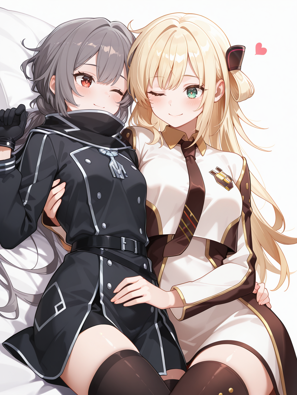 one eye closed,2girls,blush,white background,simple background,lying on person,upper body,yuri,closed mouth,smile,sky striker ace - raye,ordinary uniform,brown hair ornament,white cropped jacket,brown waist cape,white collared dress,brown thighhighs,brown necktie,unfinished,sky striker ace - roze,black scarf,black military uniform,black gloves,
masterpiece,best quality,amazing quality,very aesthetic,absurdres,newest,<lora:Sky striker ace - Raye & Roze illusXL v1.1:0.76>,