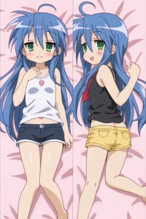 best quality, (konataRedux-10000:.9), (dakimakura:1.3), ass up, laying on back, full body, black tanktop, yellow short shorts