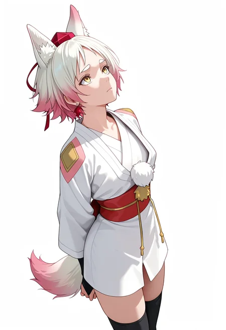 Smooth Quality,masterpiece,very intricate, high quality details, ultra realistic, high detailed skin,detailed enviorement,absurdres,
simple background, white background,
standing, arms behind back, looking up, calm expression, relaxed posture, ,sideways,furrowed brow,solo,
<lora:Momiji_cnn:0.8> momijicnn,1girl, wolf ears, yellow eyes, white hair, pink hair, short hair, gradient hair, thick eyebrows,tokin hat, japanese clothes,white kimono,sash, black thighhighs, long sleeves, bridal gauntlets,earrings, pom pom (clothes), tail,