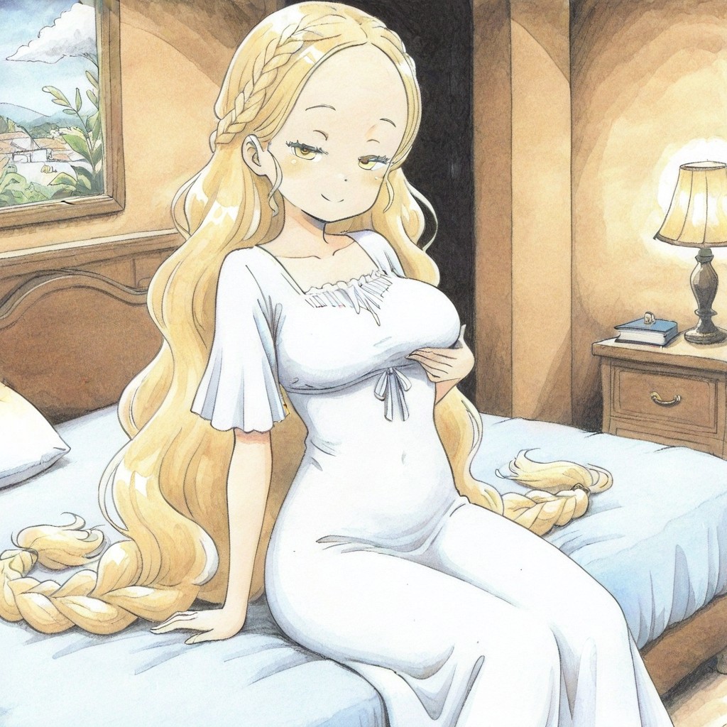 (traditional media:2),flat color,<zelie:1>,solo,1girl,zelie,very long hair,blonde hair,braid,forehead,yellow eyes,breasts,white dress,short sleeves,half-closed eyes,smile,closed mouth,presenting breasts,looking at viewer,full body,cowboy shot,sitting on bed,indoors,bedroom.