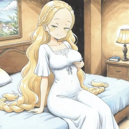 (traditional media:2),flat color,<zelie:1>,solo,1girl,zelie,very long hair,blonde hair,braid,forehead,yellow eyes,breasts,white dress,short sleeves,half-closed eyes,smile,closed mouth,presenting breasts,looking at viewer,full body,cowboy shot,sitting on bed,indoors,bedroom.