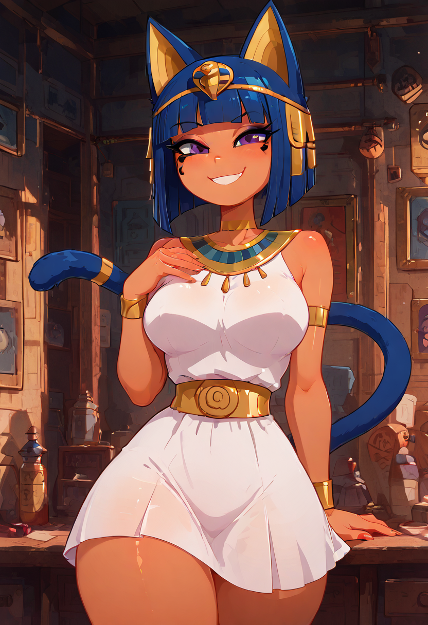 masterpiece, best quality, medium breasts, (curvy),   BREAK,  zzAnkha, animal crossing, animal ears, armlet, bare shoulders, belt, blonde hair, blue hair, blunt bangs, blunt ends, bob cut, cat ears, cat girl, cat tail, cropped, daniel deng, dark skin, dress, eye of horus, eyelashes, eyes visible through hair, facial tattoo, humanization, purple eyes, shiny skin, short hair, slit pupils, tattoo, usekh collar, white dress, <lora:AnkhaIXL:1.0>,smile, looking at viewer, cowboy shot,   <lora:LandidzuStyleIXL_v2:1.0>,