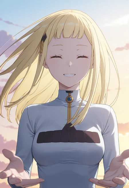 <lora:Sylphy_illustrious-000046:1>,
Sylphy,solo,dress,looking at viewer,breasts,blurry,hair blown by the wind,sky,clouds,upper_body,smile,parted_lips,Slightly_open_mouth,closed eyes,reaching,front view