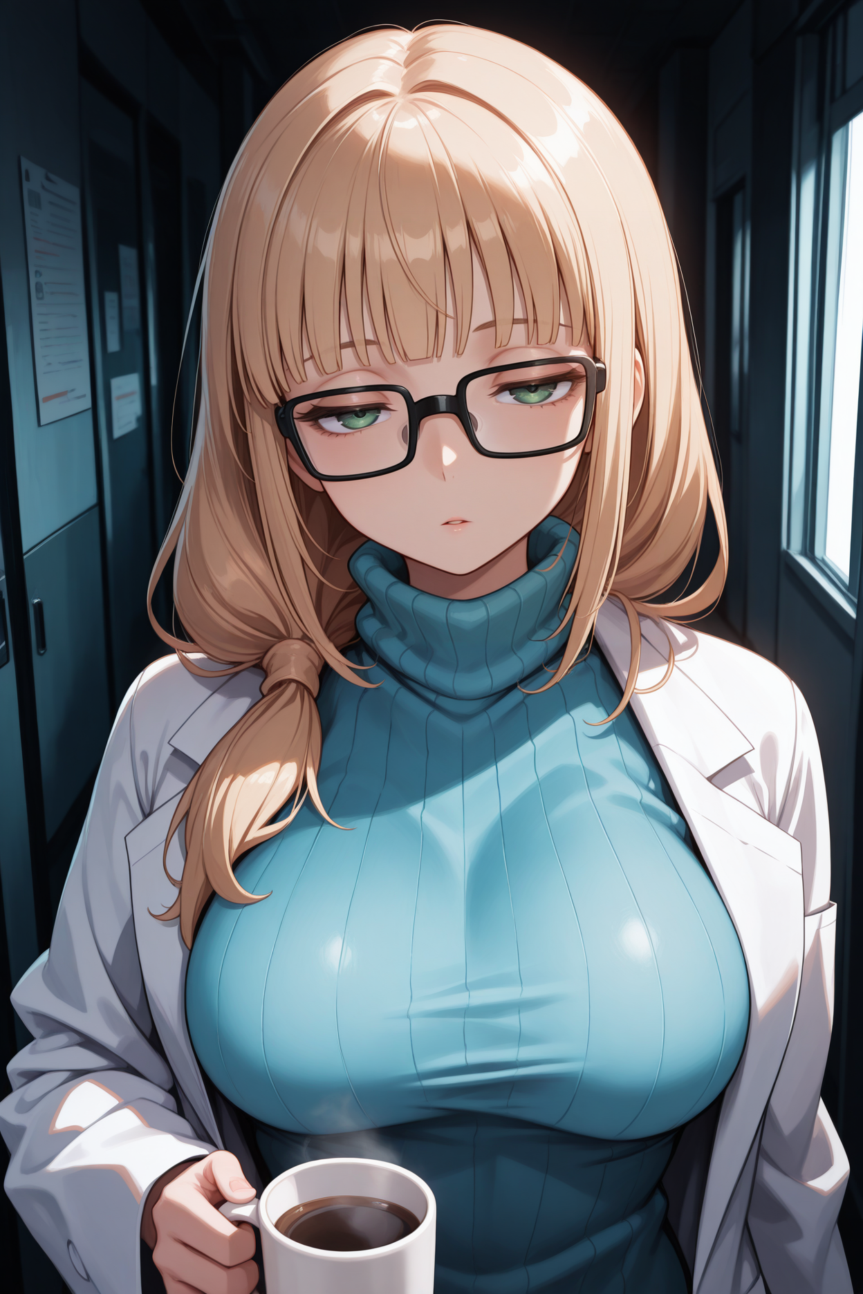 masterpiece, best quality, 1girl, solo, <lora:oleana-illu-nvwls-v1-000006:1> past0lea, blonde hair, blunt bangs, low-tied long hair, hair over shoulder, green eyes, glasses, turtleneck, blue sweater, ribbed sweater, sleeveless sweater, lab coat, long sleeves, large breasts, hallway, dark, looking at viewer, half-closed eyes, holding coffee mug, arm at side