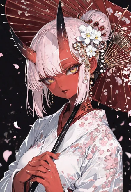 masterpiece, best quality, amazing quality, 1girl, hair ornament, 
 8K, illustrating, CG, detailed-eyes, detailed background, cute girl, eyelashes, lowlight
BREAK
sexy, slutty, hot, aroused, 
BREAK
detailed background, eyelashes, erotic, looking seductive, coy. dynamic action image, detailed face, detailed eyes, direct mesmerizing gaze, 
BREAK
(EyesHD:1.2), (4k,8k,Ultra HD), masterpiece, best quality, ultra-detailed, very aesthetic, sharp focus, depth of field, ray tracing, best lighting, detailed illustration, detailed background, cinematic, beautiful face, beautiful eyes,
BREAK
Aka-Oni, oni, colored skin, red skin, smooth horns, black horns, 
BREAK
masterpiece, best quality, amazing quality, 1girl, solo, short hair, red lips, eyelashes,Hair Bun, hair ornament, white pink kimono, white flower, black background, flower, cherry blossom, cherry blossom petals, Wide Shot,   holding umbrella, looking at viewer,
