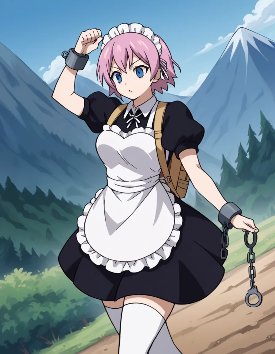 score_9, score_8_up, score_7_up, source_anime, <lora:fairytail-virgo-s7-ponyxl-lora-nochekaiser:1>,, maid virgo, short hair, bangs, blue eyes, pink hair, thighhighs, dress, short sleeves, shoes, puffy sleeves, black footwear, apron, black dress, white thighhighs, puffy short sleeves, zettai ryouiki, maid, maid headdress, white apron, maid apron, cuffs, enmaided, handcuffs,, mountain trail, hiking, nature, backpack, adventure, fresh air, , , arm flexed showing muscle, solo,, cowboy shot, dutch angle