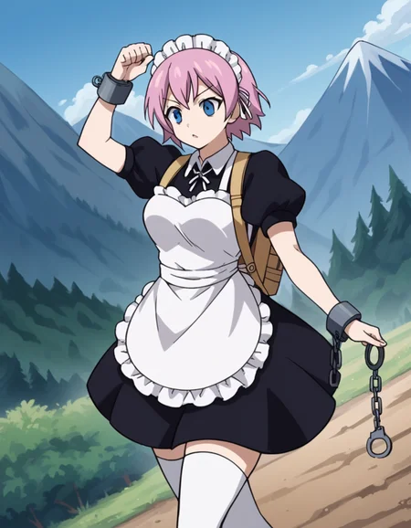 score_9, score_8_up, score_7_up, source_anime, <lora:fairytail-virgo-s7-ponyxl-lora-nochekaiser:1>,, maid virgo, short hair, bangs, blue eyes, pink hair, thighhighs, dress, short sleeves, shoes, puffy sleeves, black footwear, apron, black dress, white thighhighs, puffy short sleeves, zettai ryouiki, maid, maid headdress, white apron, maid apron, cuffs, enmaided, handcuffs,, mountain trail, hiking, nature, backpack, adventure, fresh air, , , arm flexed showing muscle, solo,, cowboy shot, dutch angle