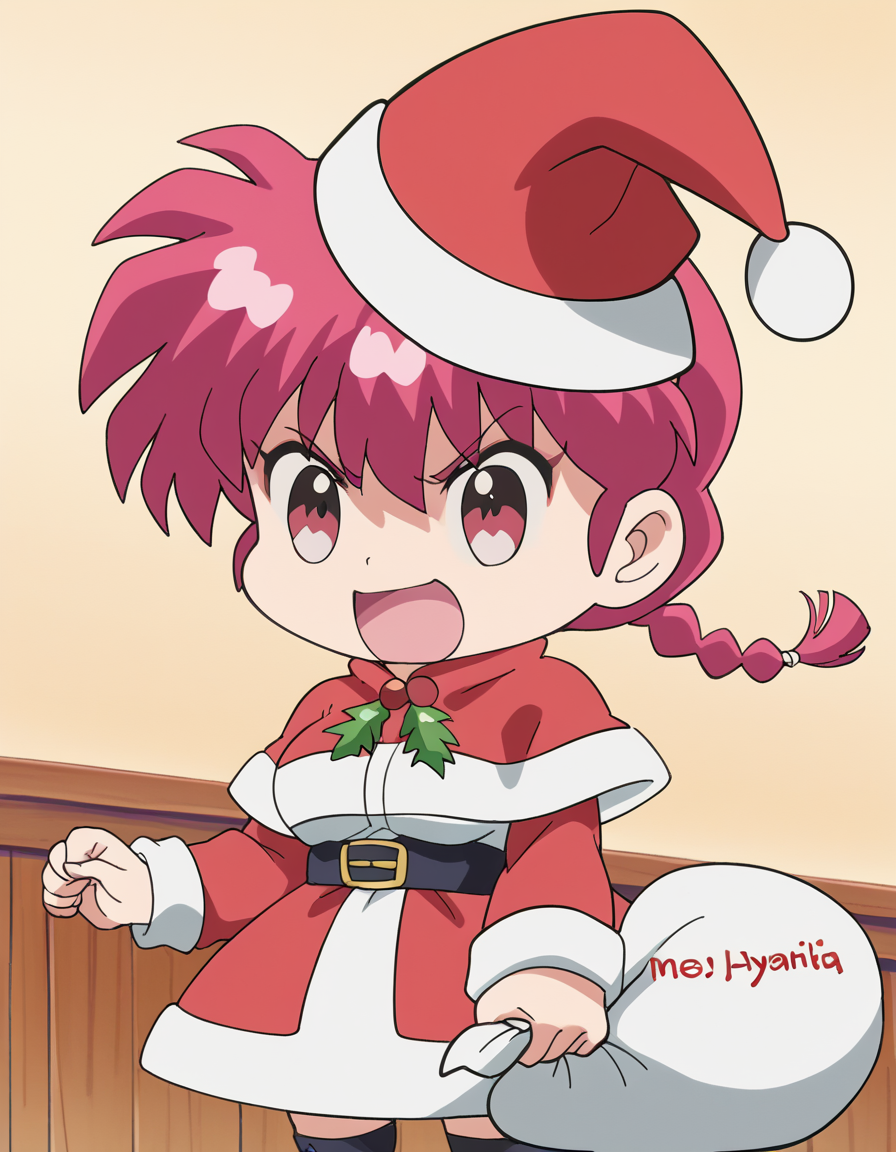score_9, score_8_up, score_7_up, source_anime, <lora:ranma-saotome-s1-ponyxl-lora-nochekaiser:1>, ranma saotome, braid, red hair, single braid, braided ponytail, red eyes, medium breasts, anime screencap,, <lora:padoru-ponyxl-lora-nochekaiser:1>, padoru, padoru (meme), holding sack, sack, santa hat, meme, christmas, open mouth, chibi, red capelet, santa dress, capelet, fur-trimmed headwear,, , dutch angle, cowboy shot