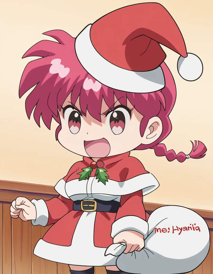 score_9, score_8_up, score_7_up, source_anime, <lora:ranma-saotome-s1-ponyxl-lora-nochekaiser:1>, ranma saotome, braid, red hair, single braid, braided ponytail, red eyes, medium breasts, anime screencap,, <lora:padoru-ponyxl-lora-nochekaiser:1>, padoru, padoru (meme), holding sack, sack, santa hat, meme, christmas, open mouth, chibi, red capelet, santa dress, capelet, fur-trimmed headwear,, , dutch angle, cowboy shot