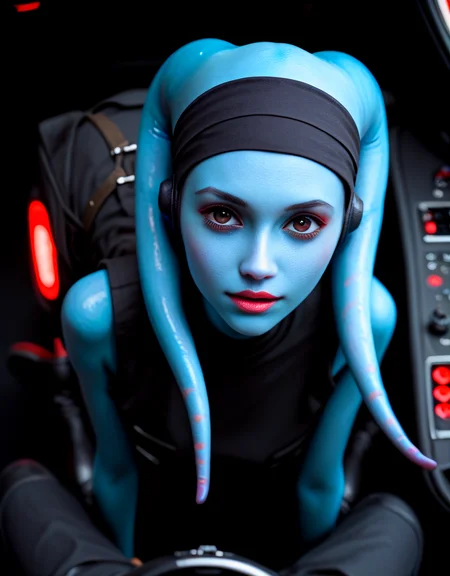 8k UHD, 1440p, hires, score_9, score_8_up, score_7_up, score_6_up, score_5_up, realistic, explicit, solo, intricate detail, perfect eyes, face focus, VaoM, KOTOR, Twi'lek, Lekku, alien, colored skin, blue skin, hairband, 1girl, solo, round face, puffy eyes, brown eyes, slim hips, thin legs, from above, cute, black shirt, vest, pants, boots, in cockpit <lora:Expressive_H:1> <lora:PerfectEyesXL:0.7> <lora:Pony_Mission-Vao_V1:1>