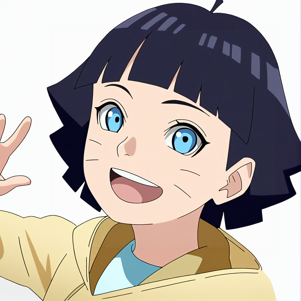 sharp focus, pixiv masterpiece, score_9, score_8_up, source_anime, score_7_up, best quality, highres, absurd res, BREAK
<lora:Himawari_Uzumaki_IL_v36:1>, uzumaki_himawari_il, 1girl, solo, dark-blue_hair, short_hair, yellow_hoodie, blue_eyes,ahoge, portrait, white background, simple background, open mouth, smile, looking at viewer