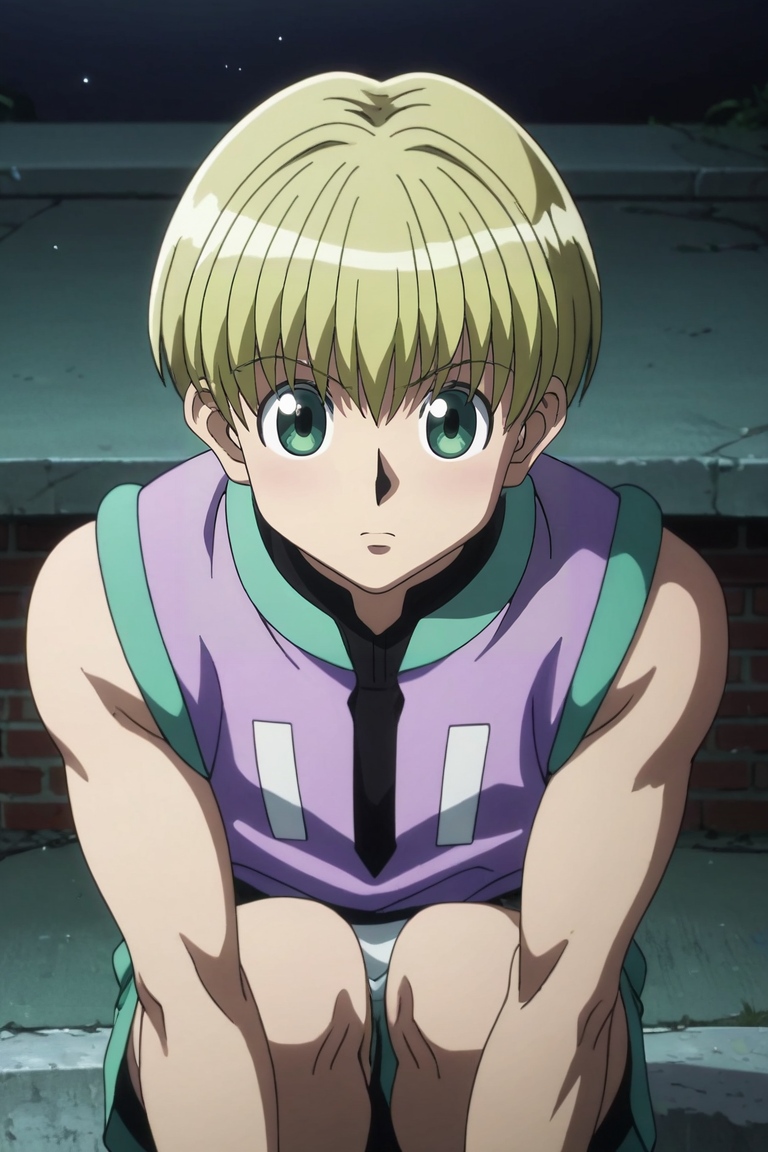 score_9, score_8_up, score_7_up, source_anime, rating_safe, intricate details, anime screencap, , , looking at viewer, , 1boy, solo, male focus, <lora:shalnark_ryuseih_pony:0.94>, shalnark_ryuseih, blonde hair, green eyes, short hair, sleeveless, focused, school, dusk, knees together feet apart, shy, blush, deer costume, <lora:sdxl_lightning_8step_lora:1>