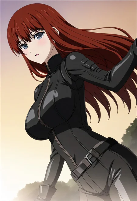 Ultra-high-detailed Anime illustration of Kagari Shiina. The artwork features Kagari in a solo, standing position with a outdoors, street background. 
She is depicted with intricate details showcasing her big breasts, natural breasts. She is a white skinned, 22 years old woman. Kagari is looking at viewer with perfect eyes, Her pupils are highly detailed. The eyes are open. grey eyes. Kagari's eyes are highlighted. Highlighted eyevrows. 
She has long hair, red colored hair, styled in floating hair with bangs.
She is wearing a motorcycle suit, black motorcycle suit, full body motorcycle suit with black gloves, black belt and black shoes. 
The artistic style is intricate_details_xl with a focus on Anime artstyle. The color palette emphasizes red and black with detailed strokes to bring out the character's features. The lighting creates dramatic shadows and highlights, adding depth to the artwork. The perspective is from a face focus, dutch angle to enhance the impact of the character's expression. This masterpiece is a true portrayal of Kagari's complex personality and will captivate any fan of Kagari. Kagari Shiina
