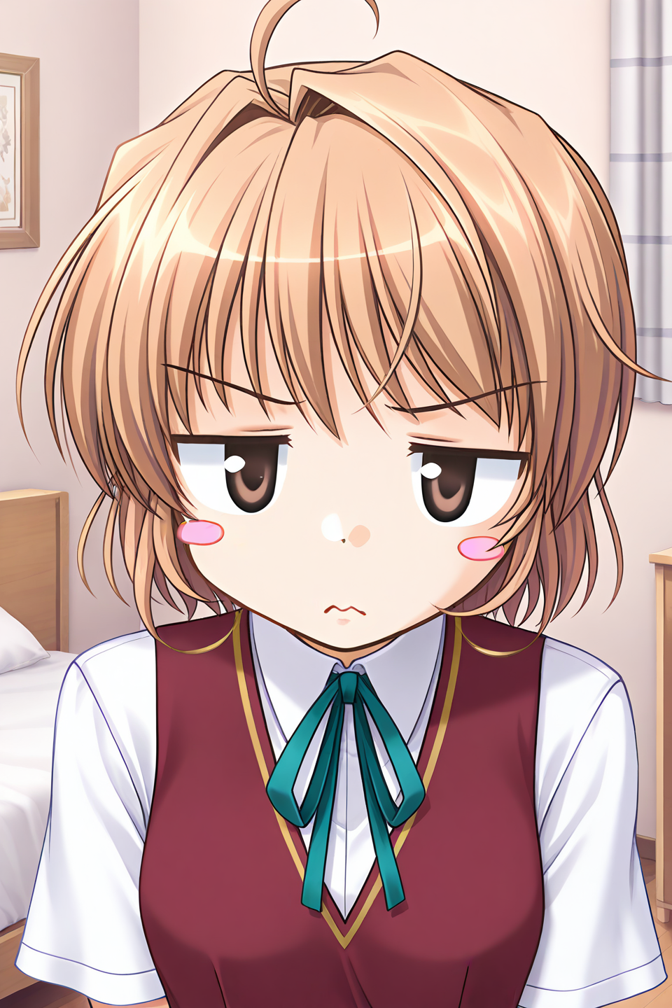 masterpiece, best quality, absurdres, official art, official style, rating general BREAK <lora:yuukikanade_IL_v1-1:0.7>, yuuki kanade, 1girl, solo, brown eyes, ahoge, light brown hair, short hair, hair intakes, small breasts, no headwear, school uniform, summer uniform, red vest, collared shirt, short sleeves, neck ribbon, aqua ribbon, indoors, bedroom, portrait, upper body, close-up,
blush stickers, 3:, closed mouth, disappointed, displeased, frown, jitome, looking at viewer, parody, v-shaped eyebrows, wavy mouth