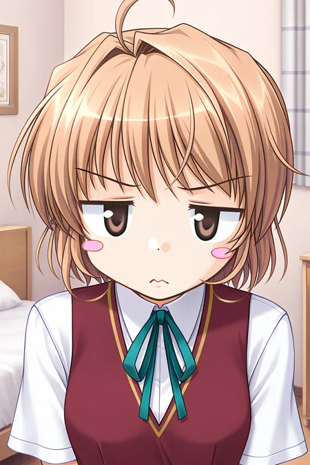 masterpiece, best quality, absurdres, official art, official style, rating general BREAK <lora:yuukikanade_IL_v1-1:0.7>, yuuki kanade, 1girl, solo, brown eyes, ahoge, light brown hair, short hair, hair intakes, small breasts, no headwear, school uniform, summer uniform, red vest, collared shirt, short sleeves, neck ribbon, aqua ribbon, indoors, bedroom, portrait, upper body, close-up,
blush stickers, 3:, closed mouth, disappointed, displeased, frown, jitome, looking at viewer, parody, v-shaped eyebrows, wavy mouth