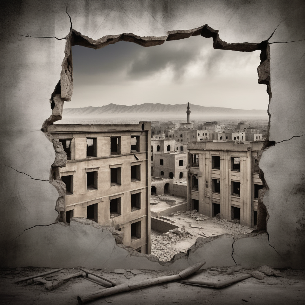 hole,A photorealistic image of a cracked wooden wall in the foreground, weathered and damaged, possibly by the impacts of war. Beyond this wall, the viewer should see a heart-wrenching scene of a Middle Eastern warzone. The landscape should be filled with architectural ruinsâcrumbled buildings, fallen pillars, and debris scattered around. Among these ruins, include people who look visibly distressed, perhaps some are sitting in despair, others walking aimlessly. The atmosphere should be heavy, filled with the weight of human suffering and the tragedy of war. The sky could be overcast or smoky, adding to the grim reality of the scene., <lora:hole2:0.6>