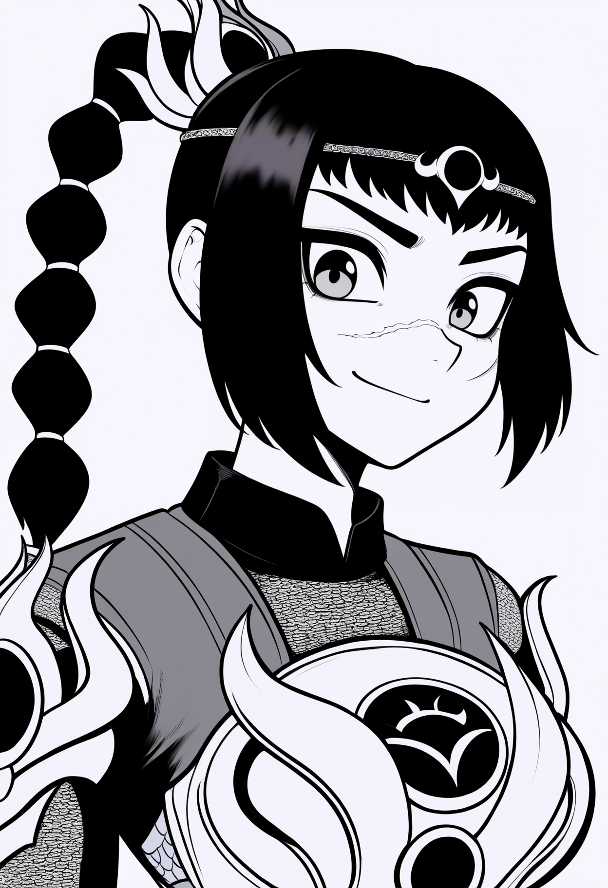 best quality, amazing quality, very aesthetic, absurdres,
greyscale, monochrome,
BREAK
1girl, solo, shadowheart, black hair, braided ponytail, scar on face, circlet, armor, large breasts,
smile, looking at viewer, upper body, simple background, white background, <lora:ShadowHeartIllustrious_byKonan:1>,   <lora:PokemonAdventuresNoobLocon_byKonan:1>
