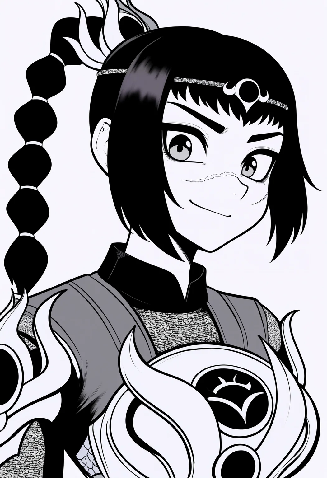 best quality, amazing quality, very aesthetic, absurdres,
greyscale, monochrome,
BREAK
1girl, solo, shadowheart, black hair, braided ponytail, scar on face, circlet, armor, large breasts,
smile, looking at viewer, upper body, simple background, white background, <lora:ShadowHeartIllustrious_byKonan:1>, <lora:PokemonAdventuresNoobLocon_byKonan:1>