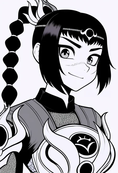 best quality, amazing quality, very aesthetic, absurdres,
greyscale, monochrome,
BREAK
1girl, solo, shadowheart, black hair, braided ponytail, scar on face, circlet, armor, large breasts,
smile, looking at viewer, upper body, simple background, white background, <lora:ShadowHeartIllustrious_byKonan:1>, <lora:PokemonAdventuresNoobLocon_byKonan:1>