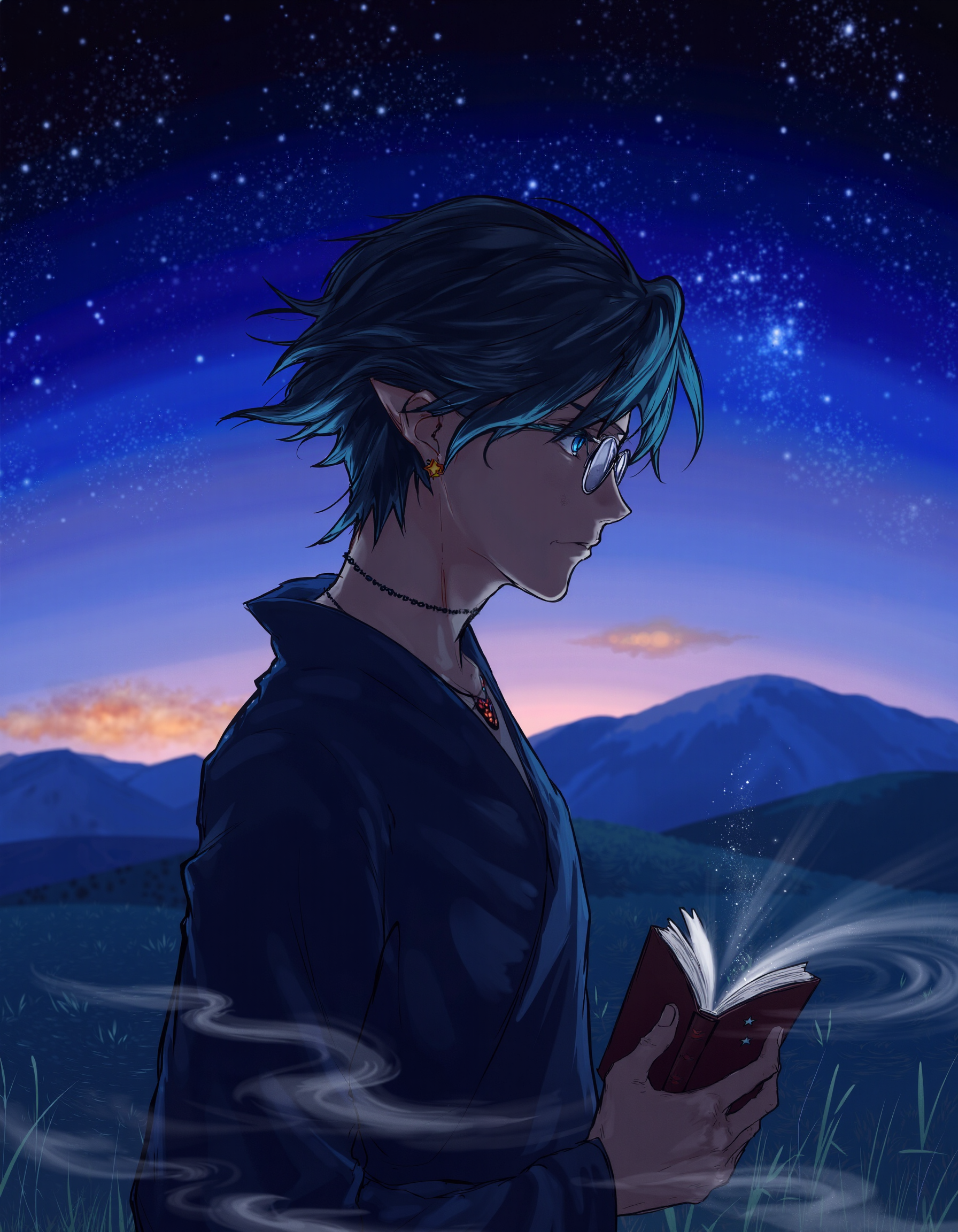 (masterpiece), best quality, amazing quality, flat color, no lineart, cowboy shot, from side, flat perspective, androgynous, solo, mature, handsome, asymmetrical hair, black and blue starry hair, nape, pointy ears, circular glasses, star earring, choker, earclip, blue eyes, narrow eyes, sideways glance, looking over eyewear, BREAK black skin, (midnight blue starry robe, blending in with background:1.1), invisible, starry sky, gradient blue black sky, midnight blue grass, mountainous horizon, holding magic book, wind.  The painting is in the style of umesky. <lora:Grimmold:1> <lora:ume_sky_v2:1>